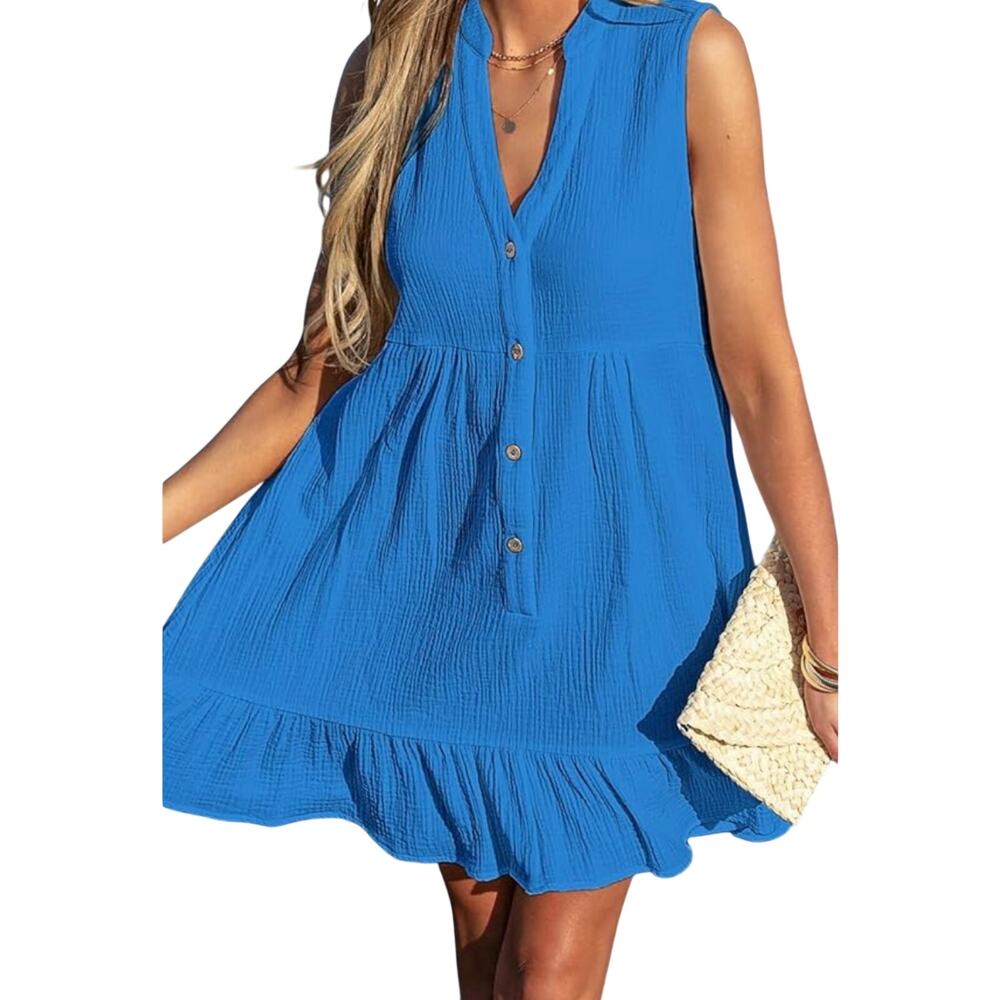 New Sleeveless Ruffled Hem Blue Mini Notched neckline & button top flat collar - Picture 2 of 8